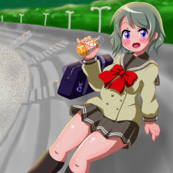 Rule 34 | 1girl, :o, absurdres, artist name, artist request, bag, bare legs, black legwear, blue eyes, blush, bottle, bow, bowtie, breasts, brown hair, buttons, collared shirt, detached sleeves, double-breasted, female focus, gekikarato, grey hair, grey skirt, highres, holding, holding bottle, light brown hair, long sleeves, looking at viewer, love live!, love live! sunshine!!, nail polish, nails, otonokizaka school uniform, parted lips, pink nails, pleated skirt, red bow, red bowtie, ribbon, sailor collar, school uniform, shirt, short hair, skirt, small breasts, smile, solo, uranohoshi school uniform, watanabe you, white shirt