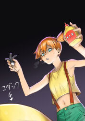 1girl arrow_(symbol) bottle breath commentary_request creatures_(company) game_freak gen_1_pokemon glue gradient_background green_eyes green_shorts highres holding holding_bottle midriff misty_(pokemon) navel nintendo orange_hair pokemon pokemon_(anime) pokemon_(classic_anime) pokemon_(creature) psyduck shirt shorts side_ponytail sleeveless sleeveless_shirt suspenders sweatdrop translation_request yellow_shirt zanpan526