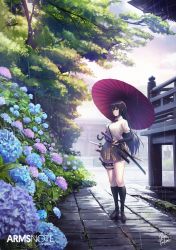 Rule 34 | 1girl, arms note, black hair, black socks, blue flower, bow, bowtie, breasts, brown footwear, brown skirt, collared shirt, copyright name, day, flower, fukai ryosuke, green eyes, highres, holding, holding sword, holding umbrella, holding weapon, hydrangea, katana, kneehighs, large breasts, leg belt, loafers, long hair, oil-paper umbrella, original, outdoors, pavement, plaid, plaid skirt, purple flower, rain, red bow, red bowtie, sheath, sheathed, shirt, shoes, sidelocks, signature, skirt, smile, socks, solo, standing, strap, sword, thighs, tree, umbrella, water, weapon, white shirt