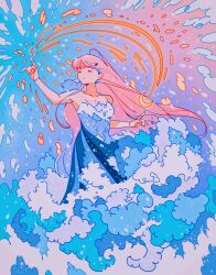 Rule 34 | 1girl, absurdres, bare shoulders, blue dress, blue theme, closed eyes, cloud print, commentary, crescent moon, dress, english commentary, gradient background, hand up, highres, long hair, meyoco, moon, no nose, original, pink hair, print dress, solo, upper body, very long hair