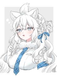 Rule 34 | 1girl, alternate hairstyle, animal ears, blue bow, blue eyes, blue necktie, blush, bow, braid, commentary request, fang, fur collar, hair bow, hair up, highres, kemono friends, lion ears, lion girl, long hair, megumi 222, necktie, open mouth, plaid, plaid bow, plaid necktie, plaid trim, shirt, short sleeves, solo, white fur, white hair, white lion (kemono friends), white shirt