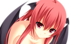 Rule 34 | 1girl, backlighting, bad id, bad pixiv id, bat wings, breasts, cleavage, collarbone, head wings, kaiba-san @kc, koakuma, large breasts, long hair, looking at viewer, nude, out-of-frame censoring, pink eyes, red hair, smile, solo, touhou, upper body, wings
