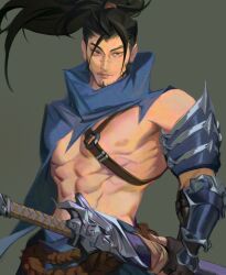 Rule 34 | 1boy, abs, absurdres, armor, beard, black hair, brown background, chadetteisgiga, cowboy shot, facial hair, highres, holding, holding sword, holding weapon, league of legends, long hair, looking at viewer, male focus, o-ring, ponytail, scar, scar on face, scar on nose, sheath, sheathed, simple background, single bare shoulder, smile, solo, sword, weapon, yasuo (league of legends)