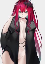 Rule 34 | 1girl, absurdres, black jacket, blush, breasts, collarbone, baobhan sith (fate), fate/grand order, fate (series), grey eyes, highres, hood, hooded jacket, jacket, large breasts, long hair, long sleeves, looking at viewer, naked jacket, navel, open clothes, open jacket, pink hair, pointy ears, san (harutuki 3), sidelocks, solo, thighs, tiara