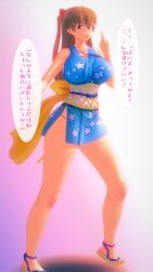 Rule 34 | 1girl, 3d, alternate breast size, artist request, bare legs, bare shoulders, blue eyes, breasts, brown hair, cosplay, dress, hair ornament, hand on own hip, heart, highres, interface headset, japanese clothes, kimono, large breasts, lips, long hair, looking at viewer, micro panties, nami (one piece), nami (one piece) (cosplay), nami (one piece) (wano), nami (one piece) (wano) (cosplay), neon genesis evangelion, obi, one piece, panties, sandals, sash, short dress, simple background, smile, solo, souryuu asuka langley, standing, translation request, underwear, very long hair