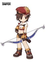 Rule 34 | 1girl, androgynous, bow (weapon), brown eyes, brown hair, character name, chibi, copyright name, female focus, flat chest, hat, midriff, navel, ragnarok online, short hair, sniper (ragnarok online), solo, tomboy, weapon, yuichirou