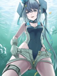 Rule 34 | 1girl, air bubble, aqua hat, black one-piece swimsuit, black ribbon, breasts, bubble, competition swimsuit, covered navel, garrison cap, gloves, grey eyes, grey hair, hair ornament, hair ribbon, hat, highleg, highleg swimsuit, highres, kantai collection, kinginbana -shirumashi onsen-, long hair, one-piece swimsuit, ribbon, scamp (kancolle), short shorts, shorts, side ponytail, small breasts, solo, star (symbol), star hair ornament, swimsuit, underwater, white gloves, white shorts