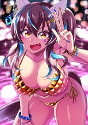 Rule 34 | alternate costume, animal ears, bare shoulders, bikini, blue hair, blurry, blurry background, blush, bracelet, breasts, brown hair, cleavage, colored inner hair, commentary request, cowboy shot, daitaku helios (umamusume), ear covers, ear piercing, fang, gold bikini, hair between eyes, hair ornament, hairclip, highres, horse ears, horse girl, horse tail, jewelry, large breasts, looking at viewer, applying manicure, medium hair, multicolored hair, multicolored nails, nail polish, open mouth, outdoors, piercing, side-tie bikini bottom, side ponytail, smile, streaked hair, swimsuit, tail, umamusume, w, zasshu nigou
