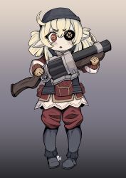 Rule 34 | 1girl, absurdres, ahoge, alternate costume, black footwear, blush, boots, brown gloves, bulletproof vest, clover, clover print, combat boots, commentary request, cosplay, demoman (tf2), eyepatch, four-leaf clover, full body, genshin impact, gloves, gradient background, grenade launcher, gun, hair between eyes, hat, highres, holding, holding gun, holding weapon, klee (genshin impact), knee boots, light brown hair, long hair, long sleeves, looking at viewer, parted lips, pocket, pointy ears, red demoman (tf2), red eyes, sidelocks, simple background, solo, standing, team fortress 2, the demoman, the demoman (cosplay), trait connection, unusualpie, v-shaped eyebrows, weapon