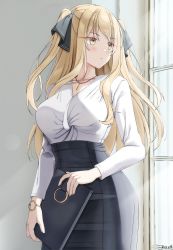 Rule 34 | 1girl, ao no kanata no four rhythm, artist name, bag, black bag, black ribbon, black skirt, blonde hair, breasts, brown eyes, closed mouth, collarbone, commission, formal, hair ornament, hair ribbon, handbag, high-waist skirt, highres, jewelry, keenh, large breasts, leather bag, leather skirt, light rays, long hair, long sleeves, looking away, looking to the side, necklace, pencil skirt, ribbon, satouin reiko, shiny clothes, shirt, skirt, solo, two side up, white shirt, window