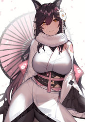 Rule 34 | 1girl, animal ears, atago (azur lane), atago (hallmarks of winter) (azur lane), atago (hallmarks of winter) (azur lane), azur lane, black hair, breasts, brown eyes, closed mouth, floral print, flower, fox ears, hair between eyes, hair flower, hair ornament, highres, japanese clothes, kimono, large breasts, long hair, looking at viewer, oil-paper umbrella, siu (siu0207), smile, solo, standing, umbrella, wide sleeves