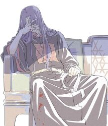 Rule 34 | 1boy, black robe, blood, blood on clothes, blood on hands, chinese clothes, covering face, dangomochi2, highres, jinshi (kusuriya no hitorigoto), kusuriya no hitorigoto, long hair, long sleeves, parted lips, pillow, purple hair, robe, simple background, sitting, solo, spoilers, white background, wide sleeves