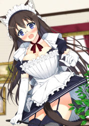 Rule 34 | 1girl, animal ears, apron, blue eyes, blush, border, breasts, brown hair, cat ears, cat tail, cleavage, clothes pull, convenient censoring, elbow gloves, frills, garter straps, glasses, gloves, haru (matatabi sanjou), highres, lace, lace border, large breasts, long hair, maid, maid apron, maid headdress, moe2015, mole, mole on breast, no panties, open mouth, original, ornate border, ribbon, skirt, skirt pull, solo, tail, tears, thighhighs