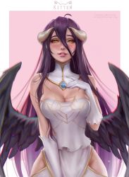 Rule 34 | 1girl, ahoge, albedo (overlord), artist name, bare shoulders, black hair, black wings, blush, breasts, cleavage, demon girl, demon horns, demon wings, detached collar, dress, facing viewer, feathered wings, feathers, gloves, hair between eyes, hand on own chest, highres, hip vent, horns, kittew, large breasts, looking at viewer, low wings, overlord (maruyama), parted lips, patreon username, pink background, slit pupils, solo, white dress, white gloves, wings, yellow eyes