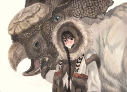 Rule 34 | 1girl, animal, arm at side, ayanashi kunio, black eyes, black hair, blush, braid, brown gloves, brown theme, cape, coat, commentary request, dinosaur, fur-trimmed hood, fur cape, fur coat, fur scarf, fur trim, gloves, hair ribbon, hood, hood up, long hair, long sleeves, looking at viewer, nose blush, original, outstretched hand, painting (medium), pelt, petting, ribbon, simple background, tassel, traditional media, tress ribbon, twin braids, twintails, upper body, watercolor (medium), winter clothes