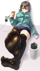 Rule 34 | 1girl, bike shorts, black thighhighs, brown eyes, brown hair, cellphone, charger, charging device, feet, hood, hooded jacket, jacket, kazo (kazozakazo), long hair, long sleeves, looking at viewer, lying, no shoes, on back, original, outstretched foot, phone, shiny clothes, soles, solo, thighhighs, thighs, toes, zettai ryouiki