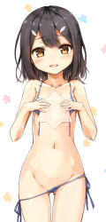 Rule 34 | 1girl, :d, bare arms, bare shoulders, bikini, bikini pull, blue bikini, blue ribbon, blush, brown hair, clothes pull, collarbone, commentary request, cura, eyelashes, fate/kaleid liner prisma illya, fate (series), front-tie bikini top, front-tie top, groin, hair ornament, hairclip, holding, looking at viewer, micro bikini, miyu edelfelt, navel, open mouth, purple bikini, ribbon, short hair, side-tie bikini bottom, smile, solo, star (symbol), stomach, string bikini, swimsuit, thighs, untied bikini, yellow eyes