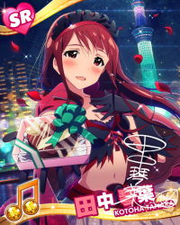 Rule 34 | 10s, 1girl, artist request, bat wings, beamed quavers, blush, brown eyes, brown hair, card (medium), character name, character signature, cityscape, gloves, headband, idolmaster, idolmaster million live!, incoming gift, looking at viewer, midriff, musical note, namco, navel, official art, petals, signature, solo, tanaka kotoha, tears, wings