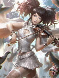Rule 34 | 1girl, belt, bird, black hair, blue eyes, breasts, cleavage, cleavage cutout, clothing cutout, collar, fishnet thighhighs, fishnets, frilled collar, frilled shirt collar, frills, furyou michi ~gang road~, gangroad, instrument, jewelry, kilart, lips, long hair, lots of jewelry, midriff, miniskirt, motion blur, music, parted lips, pigeon, playing instrument, realistic, skirt, sleeveless, smile, solo, thighhighs, twintails, violin, white thighhighs, wristband
