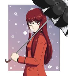 Rule 34 | 1girl, absurdres, coat, ememtrp, glasses, gradient background, highres, long hair, looking at viewer, orange coat, pale skin, persona, persona 5, persona 5 the royal, red eyes, red hair, simple background, snow, solo, solo focus, umbrella, yoshizawa sumire