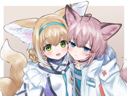 Rule 34 | 2girls, ahoge, animal ear fluff, animal ears, arknights, bare shoulders, blue eyes, blue hairband, braid, braided hair rings, breasts, brown background, cheek-to-cheek, commentary request, fox ears, fox girl, fox tail, green eyes, hair between eyes, hair rings, hairband, heads together, highres, hood, hood down, hooded jacket, jacket, kakizato, kitsune, light brown hair, material growth, multicolored hair, multiple girls, open clothes, open jacket, oripathy lesion (arknights), pink hair, shirt, small breasts, sussurro (arknights), suzuran (arknights), tail, two-tone background, two-tone hair, white background, white hair, white jacket, white shirt