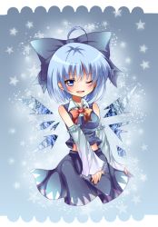 Rule 34 | 1girl, adapted costume, ahoge, alternate color, alternate costume, bad id, bad pixiv id, blue eyes, blue hair, bow, cirno, cosplay, detached sleeves, fang, hair bow, hakurei reimu, hakurei reimu (cosplay), ice, ice wings, invoke@daichan!, long sleeves, matching hair/eyes, midriff, one eye closed, open mouth, player 2, shirt, skirt, skirt set, smile, solo, star (symbol), touhou, wide sleeves, wings, wink