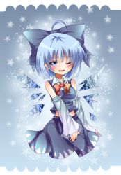 Rule 34 | 1girl, adapted costume, ahoge, alternate color, alternate costume, bad id, bad pixiv id, blue eyes, blue hair, bow, cirno, cosplay, detached sleeves, fang, female focus, hair bow, hakurei reimu, hakurei reimu (cosplay), ice, ice wings, invoke@daichan!, long sleeves, matching hair/eyes, midriff, one eye closed, open mouth, player 2, shirt, skirt, skirt set, smile, solo, star (symbol), touhou, wide sleeves, wings, wink