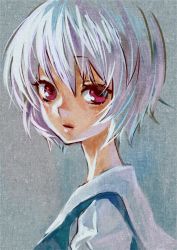 Rule 34 | 1girl, ama-tou, ayanami rei, bad id, bad pixiv id, face, faux traditional media, looking at viewer, neon genesis evangelion, red eyes, school uniform, short hair, solo, white hair