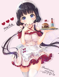 Rule 34 | 1girl, apron, bare shoulders, black hair, blend s, blunt bangs, blush, bottle, bow, breasts, burger, character name, collarbone, commentary, cowboy shot, criss-cross halter, dated, detached sleeves, dress, fingernails, food, french fries, frilled apron, frills, hair bow, halterneck, head tilt, heart, highres, holding, holding tray, ketchup bottle, long hair, low twintails, medium breasts, mini flag, nail polish, neki (wakiko), parted lips, pink background, polka dot, polka dot dress, puffy short sleeves, puffy sleeves, purple eyes, red nails, red sleeves, sakuranomiya maika, short sleeves, simple background, skindentation, solo, thighhighs, tray, twintails, twitter username, unmoving pattern, very long hair, waist apron, waitress, white apron, white bow, white dress, white thighhighs