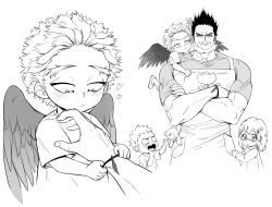 Rule 34 | 1girl, 3boys, absurdres, apron, blush, boku no hero academia, child, cropped legs, crossed arms, endeavor (boku no hero academia), facial hair, feathers, floral print, frown, greyscale, hawks (boku no hero academia), helen roro, highres, male focus, mature male, monochrome, multiple boys, muscular, muscular male, pectorals, short hair, sideburns, spiked hair, stubble, time paradox, todoroki fuyumi, todoroki natsuo