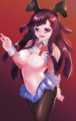 Rule 34 | 1girl, apron, apron lift, arm behind back, arm up, black tights, blue skirt, blush, breasts, breasts out, buttons, cleavage, clothes lift, collared shirt, cuffs, danganronpa (series), danganronpa 2: goodbye despair, eyebrows hidden by hair, female focus, gradient background, hand up, large breasts, long sleeves, looking at viewer, multicolored clothes, multicolored shirt, navel, open mouth, pasties, pink shirt, pleated skirt, purple eyes, purple hair, rabbit ears, red background, shiny clothes, shiny skin, shirt, shirt lift, skirt, solo, standing, sweat, sweatdrop, tape, tape on nipples, tsumiki mikan, white shirt