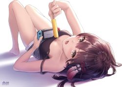 Rule 34 | 1girl, artist name, barefoot, blush, brown eyes, brown hair, collarbone, fingernails, food, grey shorts, hair between eyes, handheld game console, holding, holding food, holding handheld game console, kantai collection, looking at viewer, lying, morigami (morigami no yashiro), nintendo switch, on back, open mouth, sendai (kancolle), short hair, shorts, simple background, solo, twitter username, two side up, white background