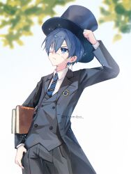 Rule 34 | 1boy, adjusting clothes, adjusting headwear, black jacket, black pants, blazer, blue eyes, blue hair, blue hat, blue necktie, blurry, blurry background, book, buttons, ciel phantomhive, closed mouth, earrings, eyepatch, hand on own hip, hat, highres, hitomibo, holding, holding book, jacket, jewelry, kuroshitsuji, leaf, light particles, looking up, male focus, necktie, open clothes, open jacket, pants, patch, shirt, short hair, solo, striped necktie, top hat, twitter username, white shirt