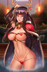Rule 34 | 1girl, alternate costume, antlers, areola slip, arm behind back, badcompzero, bell, blush, breasts, cape, collar, elbow gloves, fake antlers, fire emblem, fire emblem awakening, fire emblem heroes, fur cape, fur trim, gloves, heart, heart pasties, highres, horns, lantern, large breasts, long hair, looking at viewer, navel, neck bell, nintendo, ornament, pasties, purple eyes, purple hair, smile, solo, standing, star (symbol), star print, stomach, tharja (fire emblem), tharja (winter) (fire emblem), thigh gap, thong, tiara
