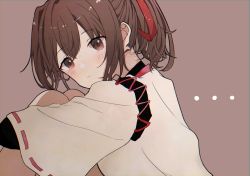 Rule 34 | ..., 1girl, blush, brown eyes, brown hair, expressionless, from side, hair ribbon, highres, ise (kancolle), japanese clothes, kantai collection, hugging own legs, looking at viewer, miko, ponytail, red ribbon, ribbon, sidelocks, simple background, sitting, solo, turtleneck, upper body