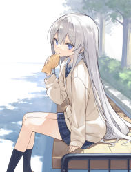 Rule 34 | 1girl, :o, black socks, blue eyes, blue skirt, brown cardigan, cardigan, collared shirt, commentary request, day, feet out of frame, food, from side, grey hair, hair between eyes, highres, holding, holding food, long hair, long sleeves, looking at viewer, looking to the side, original, outdoors, parted lips, plaid, plaid skirt, pleated skirt, poco (asahi age), school uniform, shirt, sitting, skirt, sleeves past wrists, socks, solo, taiyaki, tree, very long hair, wagashi, white background, white shirt