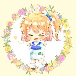 Rule 34 | &gt; &lt;, 1girl, :d, beige background, blonde hair, blue jacket, blush, brown footwear, chibi, closed eyes, commission, dress, facing viewer, floral background, flower, full body, hair between eyes, hair bobbles, hair ornament, hands up, index finger raised, jacket, kou hiyoyo, long sleeves, loose socks, lowres, one side up, open mouth, pink flower, presia zenoskis, purple flower, shoes, sleeveless, sleeveless jacket, smile, socks, solo, standing, standing on one leg, star (symbol), super robot wars, super robot wars the lord of elemental, two-tone background, white background, white dress, white flower, white socks, xd, yellow flower