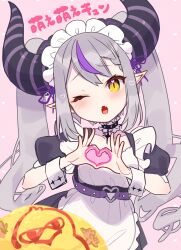 Rule 34 | 1girl, alternate costume, apron, black dress, blush, braid, choker, dress, enmaided, fangs, food, frilled apron, frills, grey hair, heart, heart hands, highres, hololive, horns, la+ darknesss, maid, maid apron, maid day, maid headdress, multicolored hair, neko no fuji, omelet, omurice, one eye closed, open mouth, pink background, pointy ears, puffy short sleeves, puffy sleeves, purple hair, short sleeves, simple background, slit pupils, solo, spiked choker, spikes, streaked hair, striped horns, twintails, virtual youtuber, wrist cuffs, yellow eyes