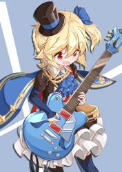 Rule 34 | 1girl, :d, absurdres, black legwear, blue background, blue bow, blue cape, blue neckwear, bow, brown hair, brown hat, brown jacket, brown skirt, cape, collared shirt, commentary request, elbow gloves, electric guitar, fingerless gloves, girls&#039; frontline, gloves, guitar, gun, hair between eyes, hair bow, handgun, hat, highres, holding, holding instrument, holding plectrum, instrument, jacket, long hair, matsuo (matuonoie), nagant m1895, nagant revolver (astral bond) (girls&#039; frontline), nagant revolver (girls&#039; frontline), official alternate costume, one side up, open mouth, pantyhose, plectrum, red eyes, revolver, shirt, skirt, smile, solo, striped clothes, striped gloves, striped legwear, striped pantyhose, tilted headwear, top hat, vertical-striped clothes, vertical-striped gloves, vertical-striped legwear, vertical-striped pantyhose, weapon, white shirt