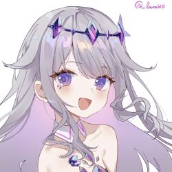 Rule 34 | bare shoulders, blush, chest jewel, collar, collarbone, colored inner hair, commentary, detached collar, grey hair, hair flaps, headpiece, highres, hololive, hololive english, jewel under eye, koseki bijou, koseki bijou (1st costume), long hair, looking at viewer, luna (luna610), multicolored hair, open mouth, purple eyes, purple hair, sidelocks, simple background, smile, twitter username, two-tone hair, upper body, virtual youtuber, wavy hair, white background, white collar