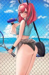 Rule 34 | 1girl, absurdres, accidental exposure, ass, azur lane, bag, bare shoulders, beach, black panties, blue sky, blush, bottle, breasts, bremerton (azur lane), bremerton (scorching-hot training) (azur lane), chain-link fence, closed mouth, clothes lift, cloud, commentary request, cowboy shot, crop top, crop top overhang, crossed bangs, day, doinaka, fence, green shirt, grey hair, hair between eyes, hair intakes, hair ornament, hairclip, highres, holding, holding bottle, holding racket, large breasts, long hair, looking at viewer, midriff, mole, multicolored hair, no bra, ocean, official alternate costume, panties, pink eyes, pink hair, racket, see-through, shirt, shoulder bag, sidelocks, skirt, skirt lift, sky, sleeveless, sleeveless shirt, solo, sportswear, standing, streaked hair, sweat, tennis racket, tennis uniform, twintails, two-tone hair, two-tone shirt, two-tone skirt, underwear, water bottle, wet, wet clothes, wet shirt, white shirt, white skirt, wristband, x hair ornament
