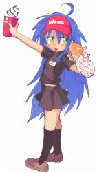 Rule 34 | 1girl, :3, ahoge, arm up, black shirt, black skirt, black socks, blue hair, blush stickers, breasts, brown footwear, character name, collared shirt, cup, disposable cup, dot nose, faux traditional media, food, full body, green eyes, hair between eyes, hair over shoulder, hand up, hat, highres, holding, holding cup, inkerton-kun, izumi konata, jitome, loafers, long hair, looking to the side, lucky star, midriff peek, milkshake, miniskirt, name tag, open mouth, outstretched arm, over-kneehighs, pleated skirt, red hat, sandwich, shirt, shoes, short sleeves, simple background, single sidelock, skirt, small breasts, smile, socks, solo, standing, straight hair, submarine sandwich, thighhighs, uniform, v-shaped eyebrows, very long hair, visor cap, white background