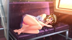 Rule 34 | 1girl, barefoot, blush, bow, braid, brown hair, checkered clothes, checkered dress, dress, full body, hair bow, hair rings, highres, long hair, looking at viewer, lucknight, lying, off shoulder, on side, open mouth, original, panties, pink panties, purple eyes, see-through, solo, train interior, underwear