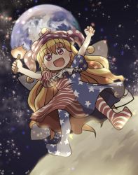 Rule 34 | 1girl, :d, american flag dress, american flag legwear, blonde hair, clownpiece, dress, earth (planet), fairy wings, full body, hat, highres, holding, holding torch, jester cap, long hair, looking at viewer, moon, open mouth, outdoors, outstretched arms, pantyhose, pink eyes, planet, polka dot headwear, purple hat, rokugou daisuke, short sleeves, smile, solo, space, star (sky), star (symbol), star print, striped clothes, striped dress, striped legwear, striped pantyhose, torch, touhou, transparent wings, wings