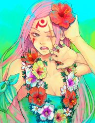 Rule 34 | 1girl, amputee, baiken, bandages, blue eyes, blush, breasts, cleavage, embarrassed, facial mark, facial tattoo, flower, flower necklace, forehead mark, green nails, guilty gear, hair flower, hair ornament, hibiscus, hitsuki (hiidukii), lei, lips, long hair, nail polish, one-eyed, parted lips, pink hair, pov, scar, scar across eye, scar on face, solo focus, strapless, tattoo
