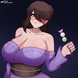 Rule 34 | 1girl, bare shoulders, beidou (genshin impact), breasts, brown hair, candy, cleavage, eyepatch, female focus, food, genshin impact, highres, holding, holding candy, holding food, huge breasts, japanese clothes, kimono, looking at viewer, purple kimono, red eyes, shiny skin, skindentation, solo, star (sky), zapklink