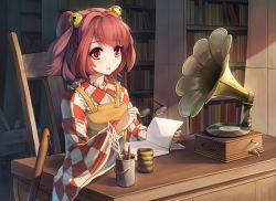 Rule 34 | 1girl, apron, bell, book, bookshelf, chair, cup, desk, unworn eyewear, glasses, hair bell, hair ornament, holding, holding removed eyewear, japanese clothes, jingle bell, kimono, long sleeves, motoori kosuzu, open mouth, pen, phonograph, pink eyes, red hair, sitting, smile, solo, teacup, touhou, two side up, wide sleeves, xiaoyin li