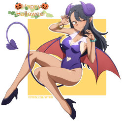 Rule 34 | 1girl, absurdres, bare shoulders, black footwear, black hair, bracelet, breasts, brown eyes, closed mouth, clothing cutout, collarbone, curled horns, demon horns, demon tail, fang, full body, halloween, hands up, heart cutout, high heels, highres, horns, ijiranaide nagatoro-san, jewelry, kdtwifi, leotard, long hair, looking at viewer, multiple bracelets, nagatoro hayase, navel cutout, one eye closed, paw pose, pearl bracelet, purple horns, purple leotard, purple tail, shoes, skin fang, small breasts, solo, tail, tan, tanline, thighs