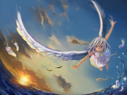 Rule 34 | angel, angel wings, armpits, bird, blue eyes, blurry, cloud, depth of field, dress, feathers, fisheye, flying, frills, gradient hair, grey hair, highres, jewelry, kiratsuki, legs, looking to the side, medal, medallion, motion blur, multicolored hair, necklace, ocean, outstretched arms, pendant, seagull, signature, sky, smile, solo, splashing, spread arms, spread wings, streaked hair, sun, sunrise, sunset, water, waves, white dress, white hair, wings