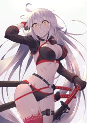 Rule 34 | 1girl, ahoge, bikini, black bikini, black jacket, blush, breasts, choker, cleavage, collarbone, commentary request, cowboy shot, fate/grand order, fate (series), jacket, jeanne d&#039;arc alter (swimsuit berserker) (fate), jeanne d&#039;arc (fate), jeanne d&#039;arc alter (fate), jeanne d&#039;arc alter (swimsuit berserker) (fate), large breasts, lips, long hair, looking at viewer, matsumoto tomoyohi, o-ring, pink lips, sheath, sheathed, shrug (clothing), simple background, slit pupils, smile, solo, stomach, swimsuit, thigh strap, thighs, very long hair, yellow eyes